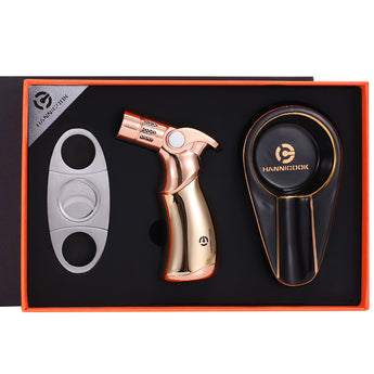 Cigar Cutter, Lighter And Ashtray Gold Gift Set